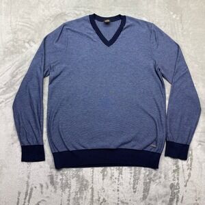 HUGO BOSS Mens Blue Striped V Neck Long Sleeve Sweater Knit Top Size L Preppy